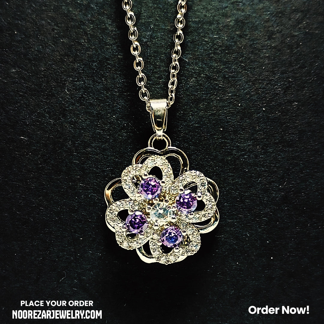 Elegant Flower Pendant with Purple Stones – Noor e Zar Jewelry