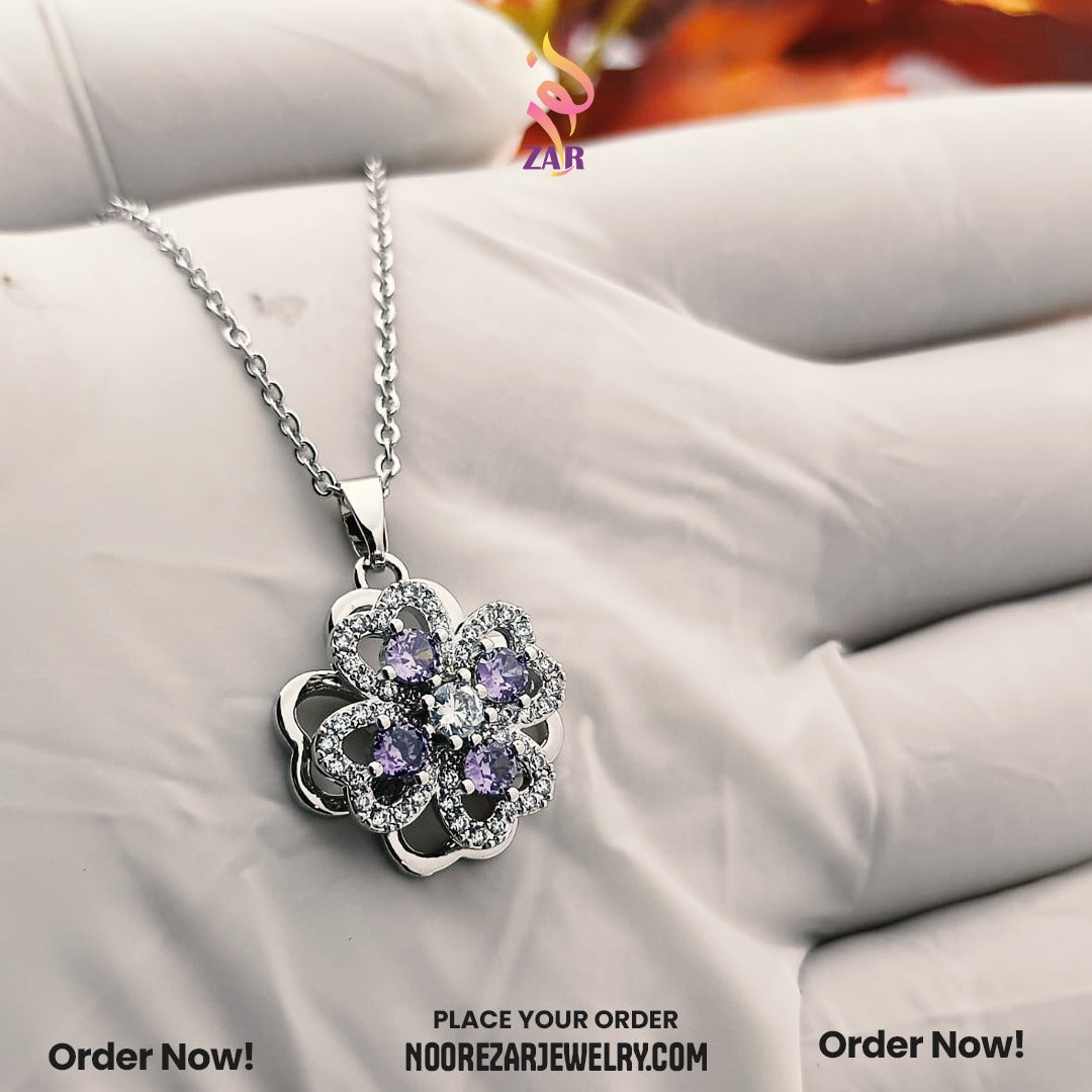Elegant Flower Pendant with Purple Stones – Noor e Zar Jewelry