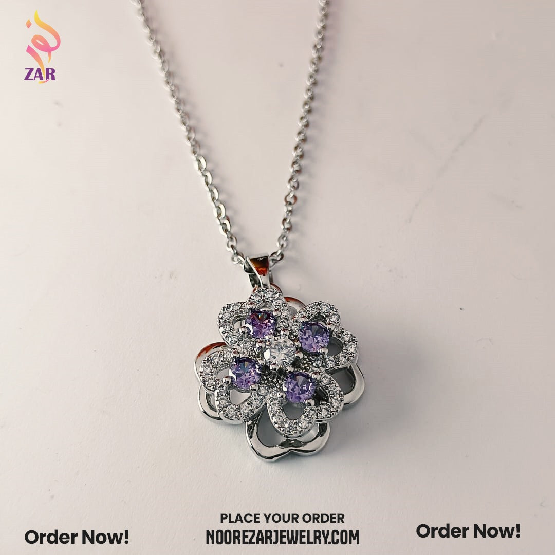 Elegant Flower Pendant with Purple Stones – Noor e Zar Jewelry
