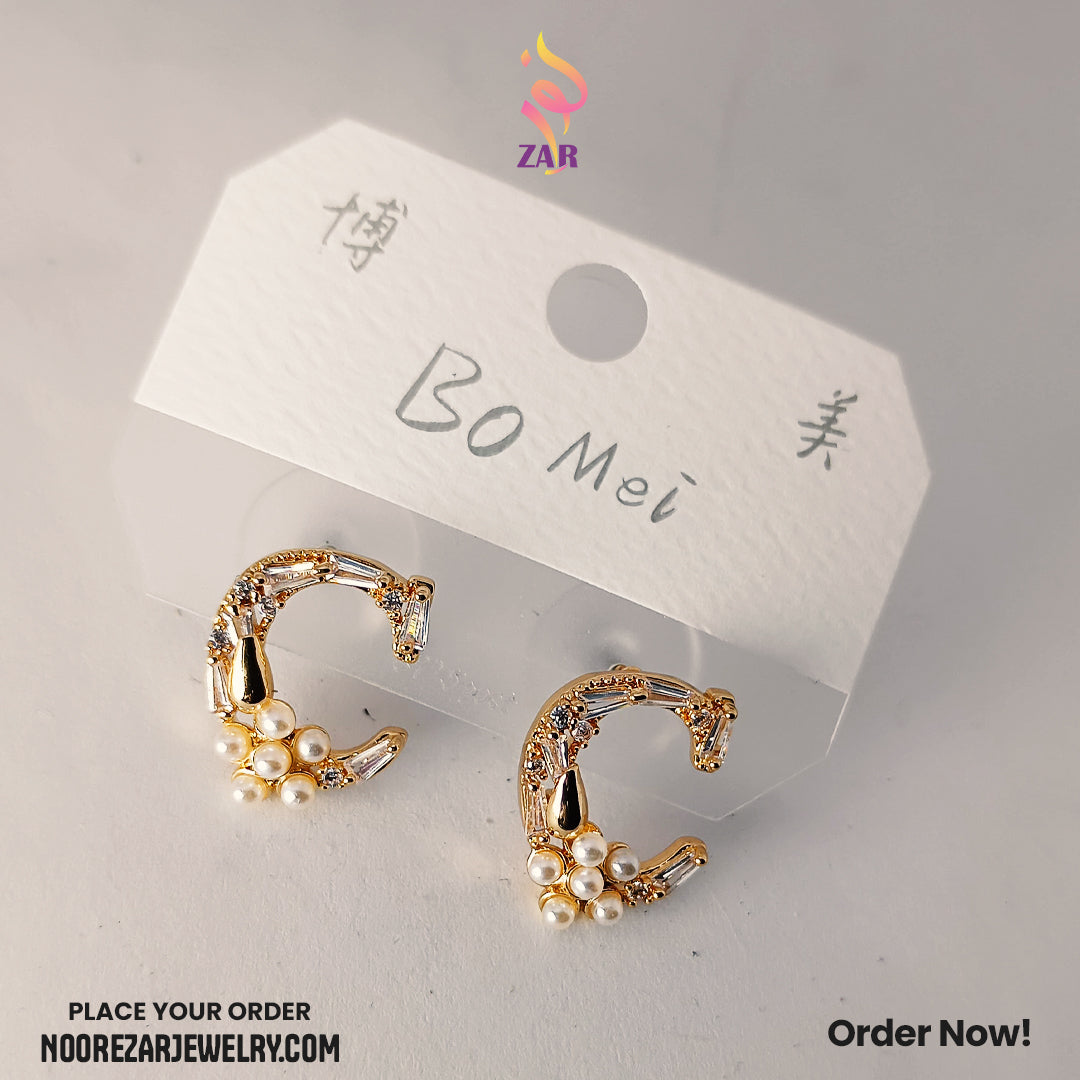 Elegant Pearl & Crystal C-Shaped Earrings