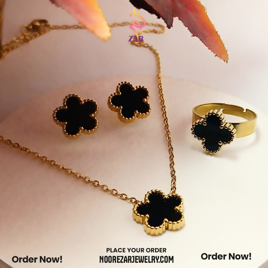 Elegant Black Clover Jewelry Set – Gold-Plated Necklace, Earrings & Ring for Women