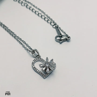 Elegant Silver Heart & Rotating Flower Pendant Necklace | P01