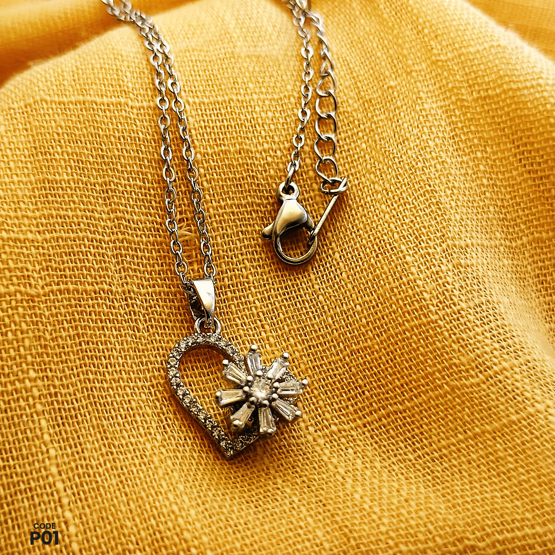 Elegant Silver Heart & Rotating Flower Pendant Necklace | P01