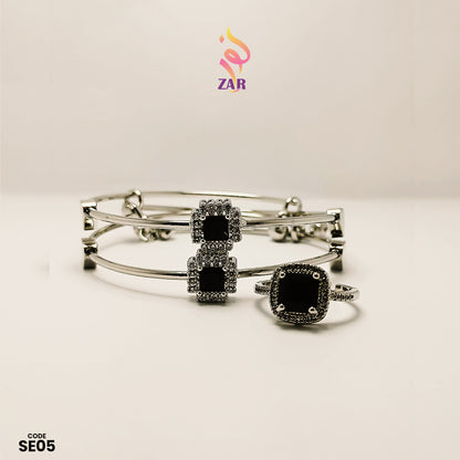 Noor e Zar Stainless Steel Black Stone Bangle & Ring Set | SE05