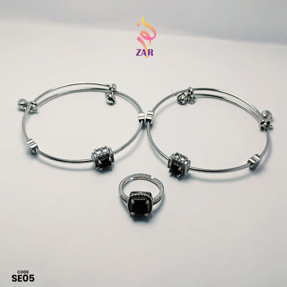 Noor e Zar Stainless Steel Black Stone Bangle & Ring Set | SE05