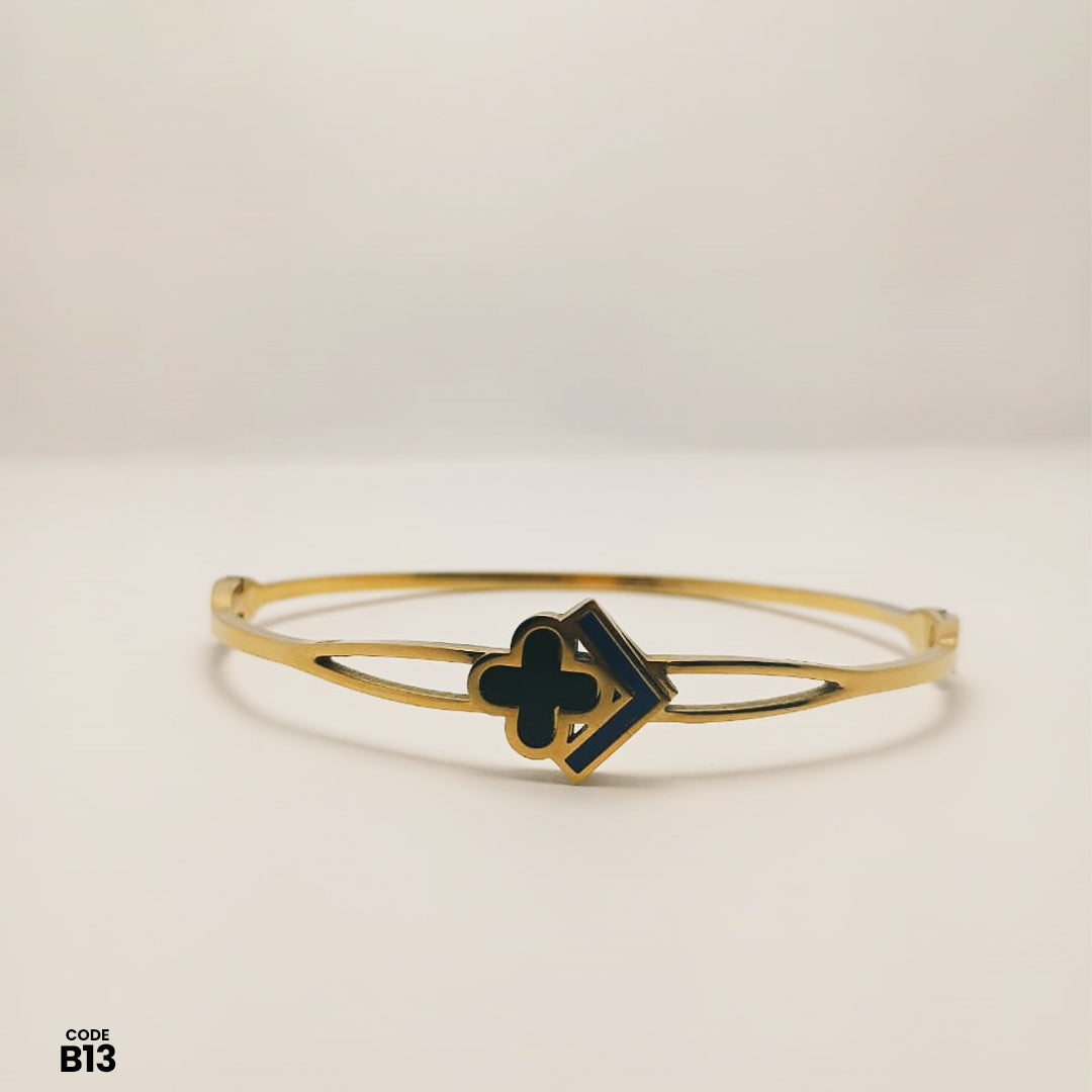 Elegant Gold-Tone Adjustable Open Bangle with Black Enamel Clover & Geometric Design | B13