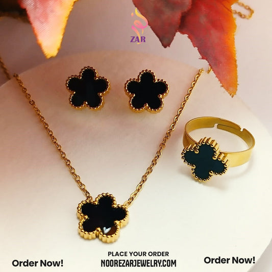 Elegant Black Clover Jewelry Set – Gold-Plated Necklace, Earrings & Ring for Women