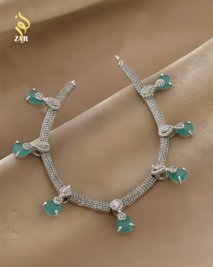 Elegant Teardrop Aqua Stone Jewelry Set – Necklace, Earrings & Bindiya