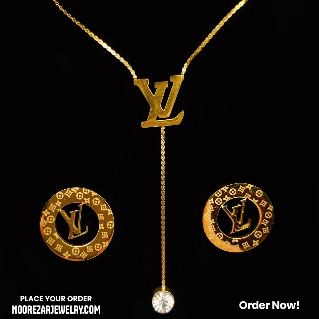 Luxury-Inspired LV Pendant Set with Earrings – Stylish Gold-Plated Jewelry for Women