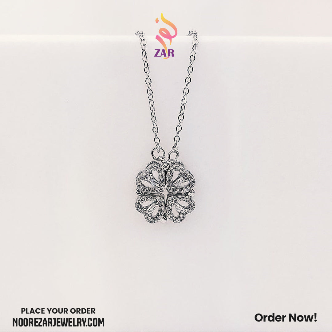 Magnetic Silver Clover Heart Pendant – Stylish Lucky Charm Necklace