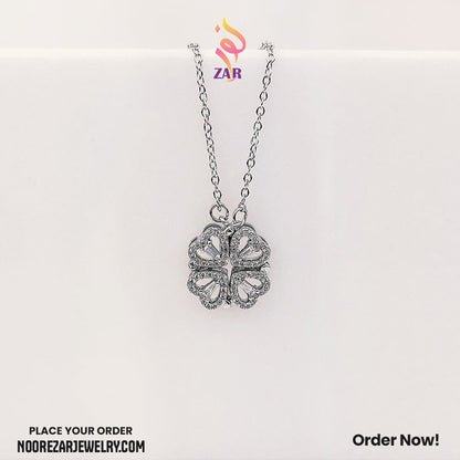 Magnetic Silver Clover Heart Pendant – Stylish Lucky Charm Necklace