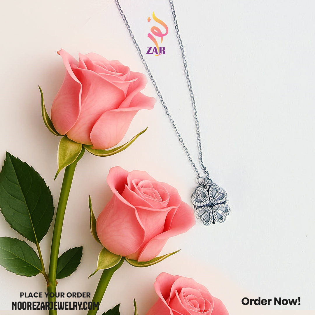 Magnetic Silver Clover Heart Pendant – Stylish Lucky Charm Necklace