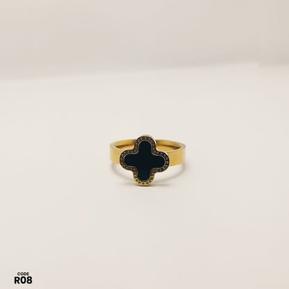 Gold-Tone Clover Ring with Black Stone | R08