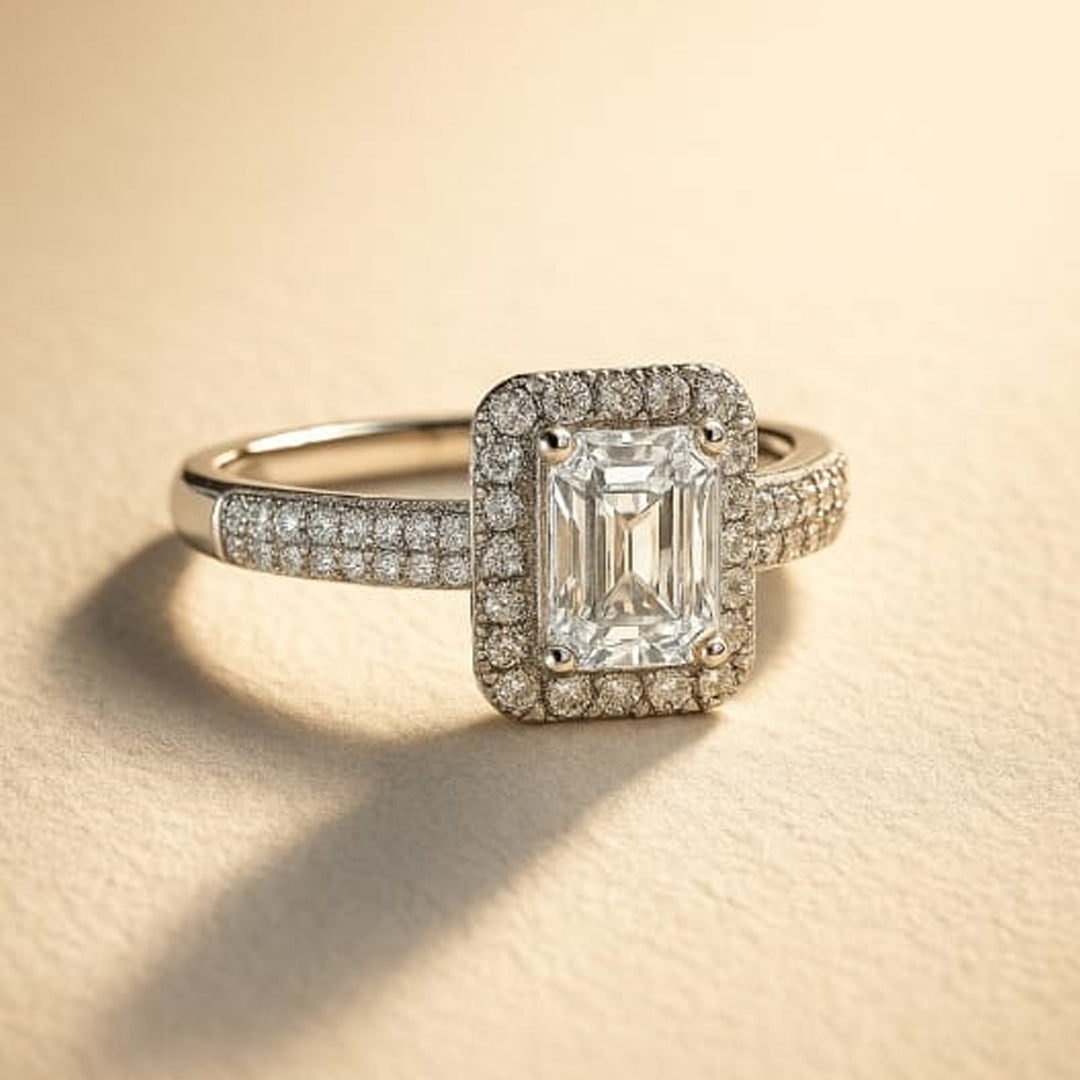 ✨ Dazzling Halo Ring 💎 with Emerald-Cut Center