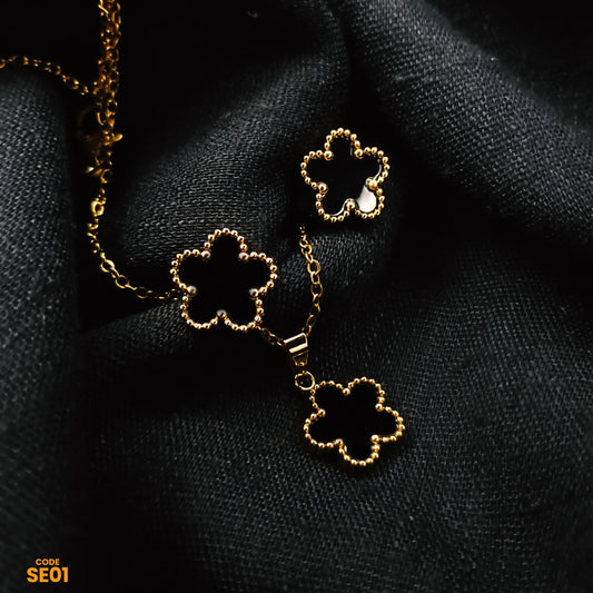 Elegant Flower Jewelry Set—Gold-Plated with Premium Black Stone Pendant & Earrings | SE01