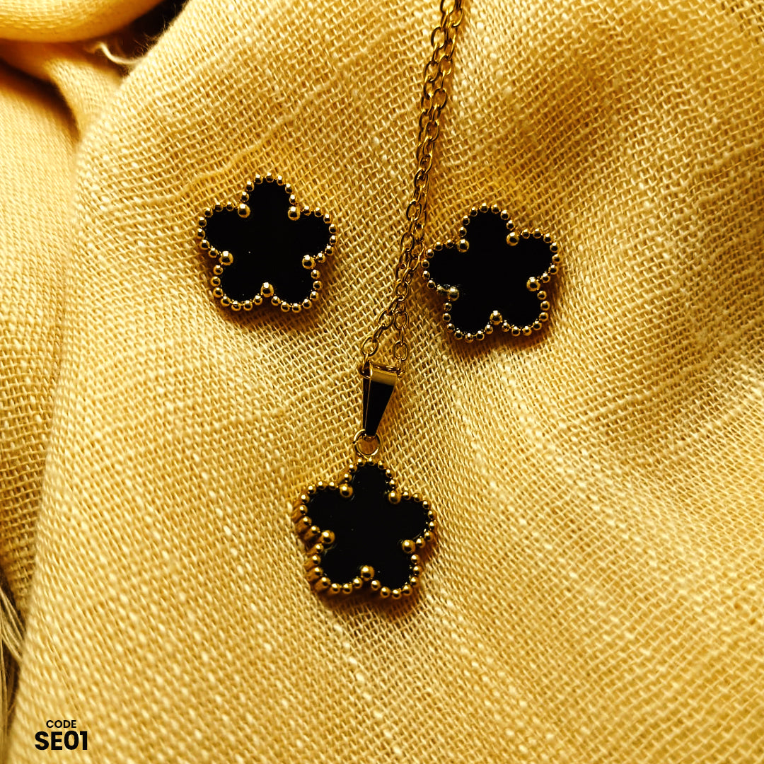 Elegant Flower Jewelry Set—Gold-Plated with Premium Black Stone Pendant & Earrings | SE01