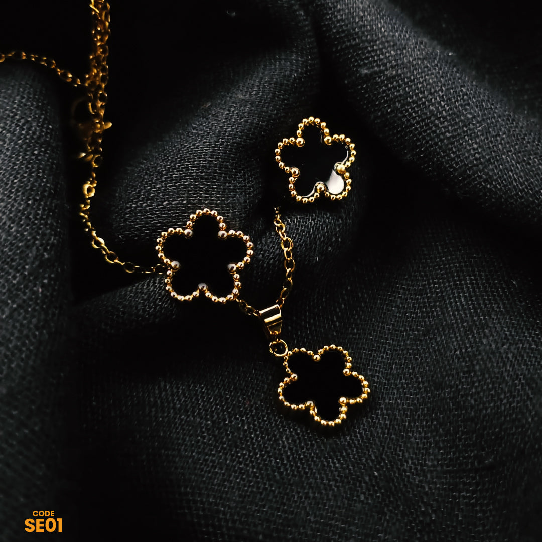 Elegant Flower Jewelry Set—Gold-Plated with Premium Black Stone Pendant & Earrings | SE01