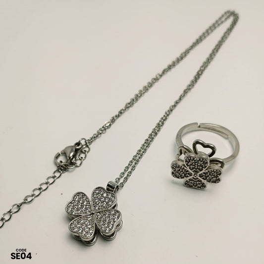 Noor e Zar Sparkling Flower Necklace & Ring Set | SE04