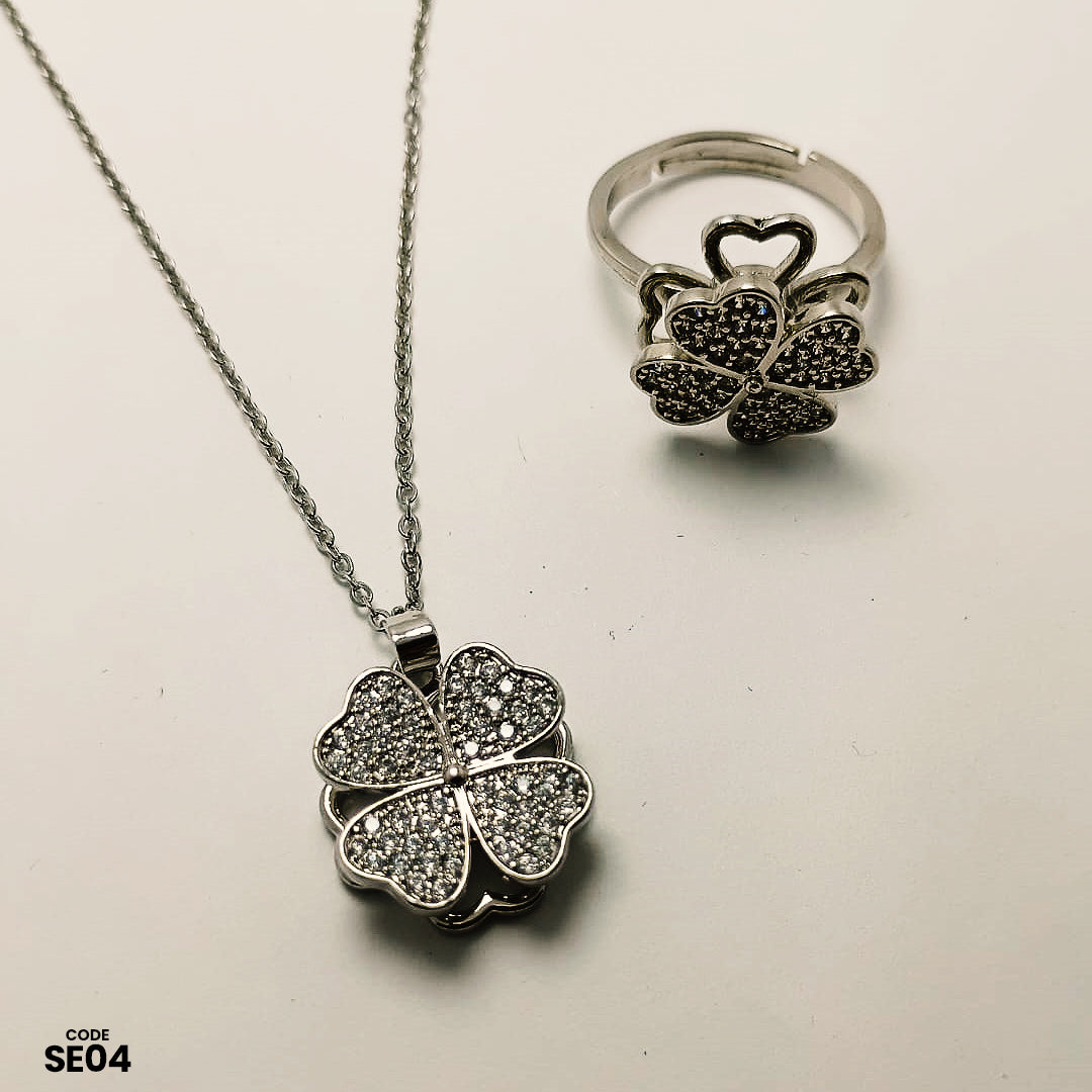 Noor e Zar Sparkling Flower Necklace & Ring Set | SE04