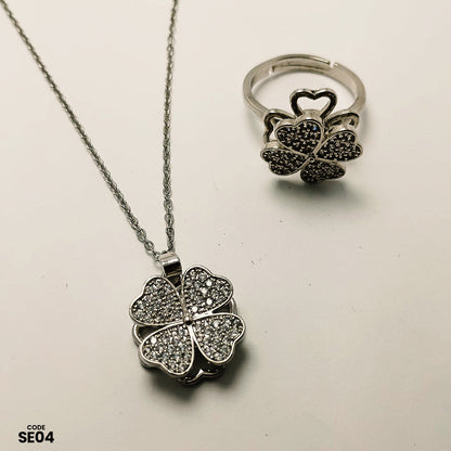 Noor e Zar Sparkling Flower Necklace & Ring Set | SE04
