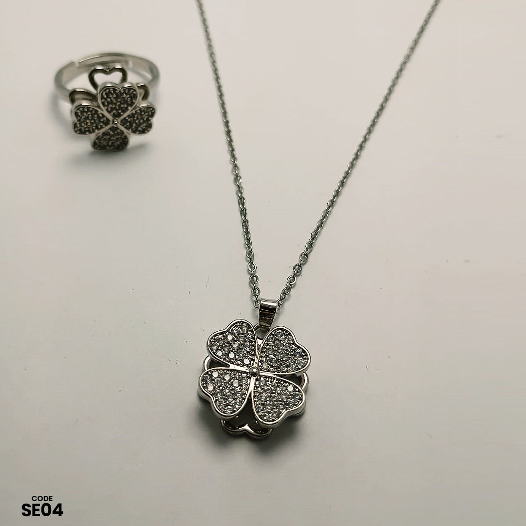Noor e Zar Sparkling Flower Necklace & Ring Set | SE04