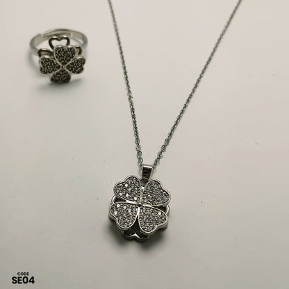 Noor e Zar Sparkling Flower Necklace & Ring Set | SE04