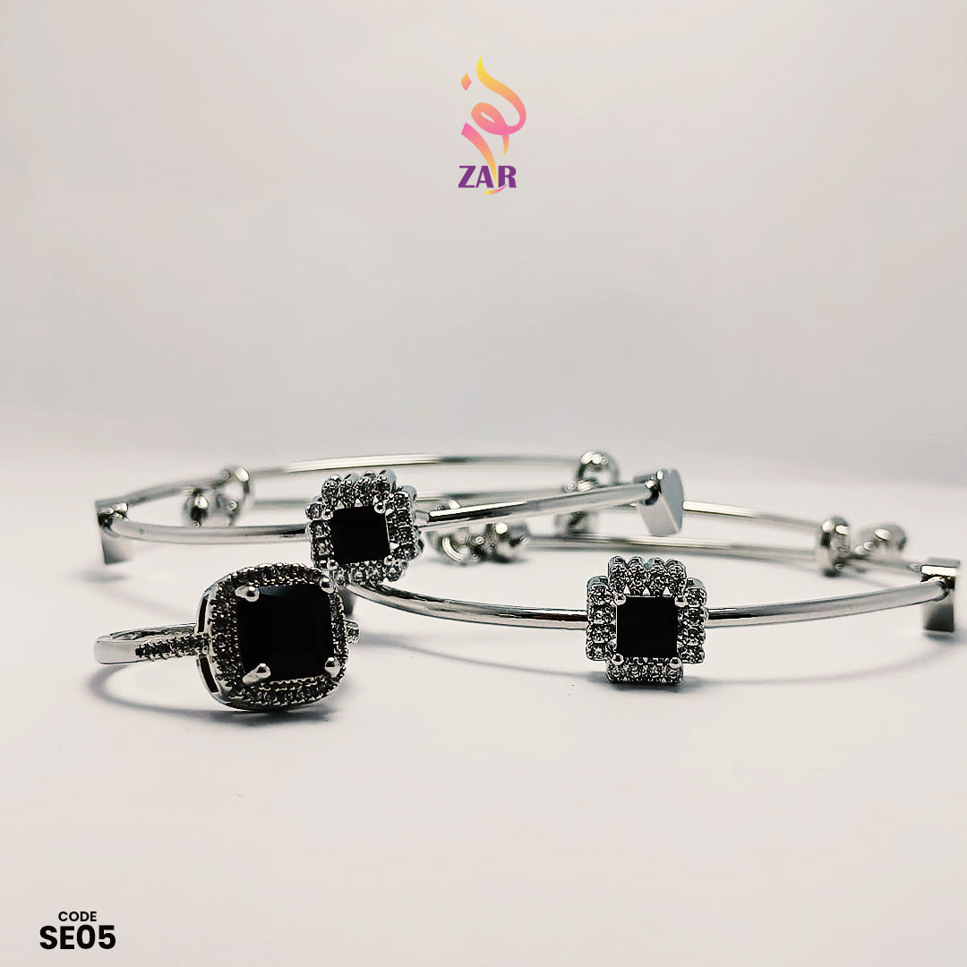 Noor e Zar Stainless Steel Black Stone Bangle & Ring Set | SE05