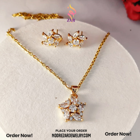 Gold-Plated Floral Pendant Set with Earrings – Elegant Zircon Design
