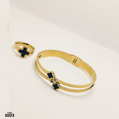 Set of Elegant Gold-Plated Clover Bracelet & Ring | SE03