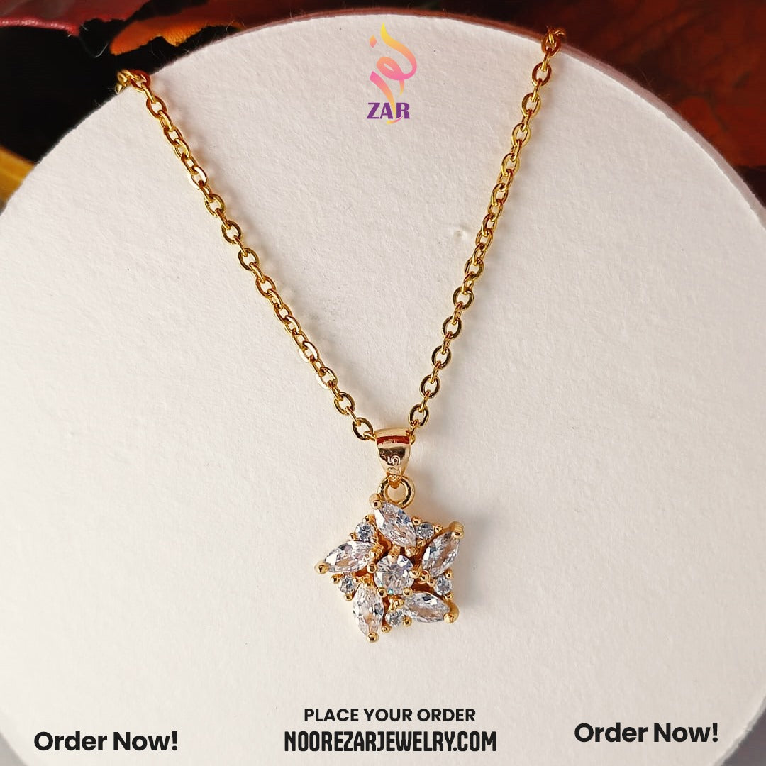 Gold-Plated Floral Pendant Set with Earrings – Elegant Zircon Design