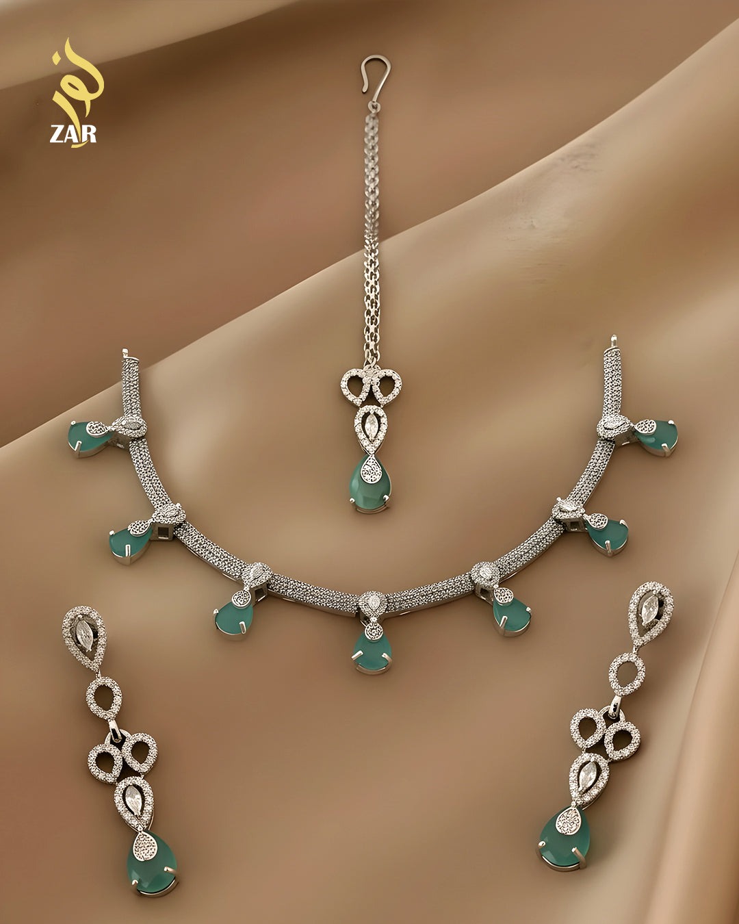 Elegant Teardrop Aqua Stone Jewelry Set – Necklace, Earrings & Bindiya
