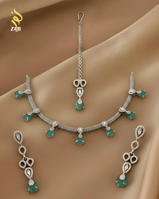Elegant Teardrop Aqua Stone Jewelry Set – Necklace, Earrings & Bindiya